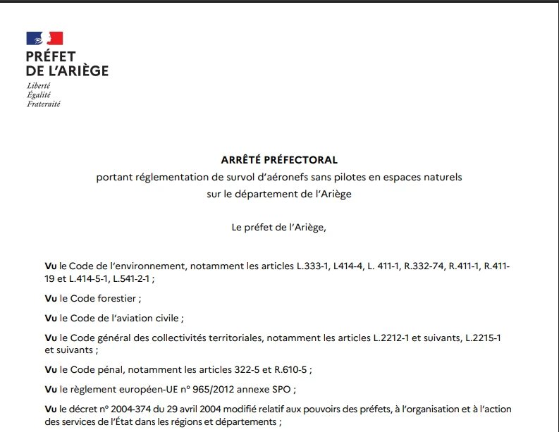 Première page d’un arrêté préfectoral de l’Ariège portant réglementation du survol d’aéronefs sans pilotes en espaces naturels.