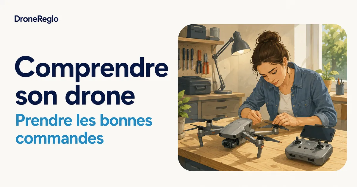 Une télépilote examine son drone et ses commandes sur un établi.