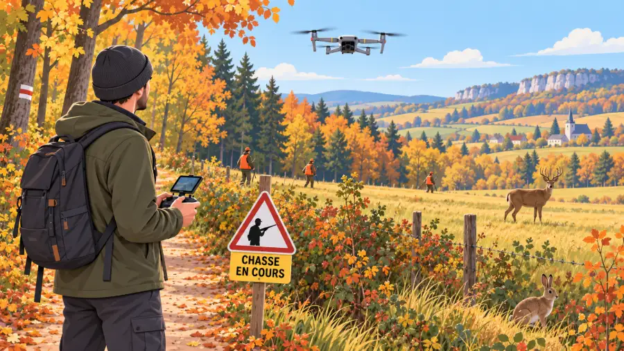 Un télépilote de loisir fait voler son drone au bord d’un chemin, devant un panneau « chasse en cours », pendant qu’une battue se déroule au loin