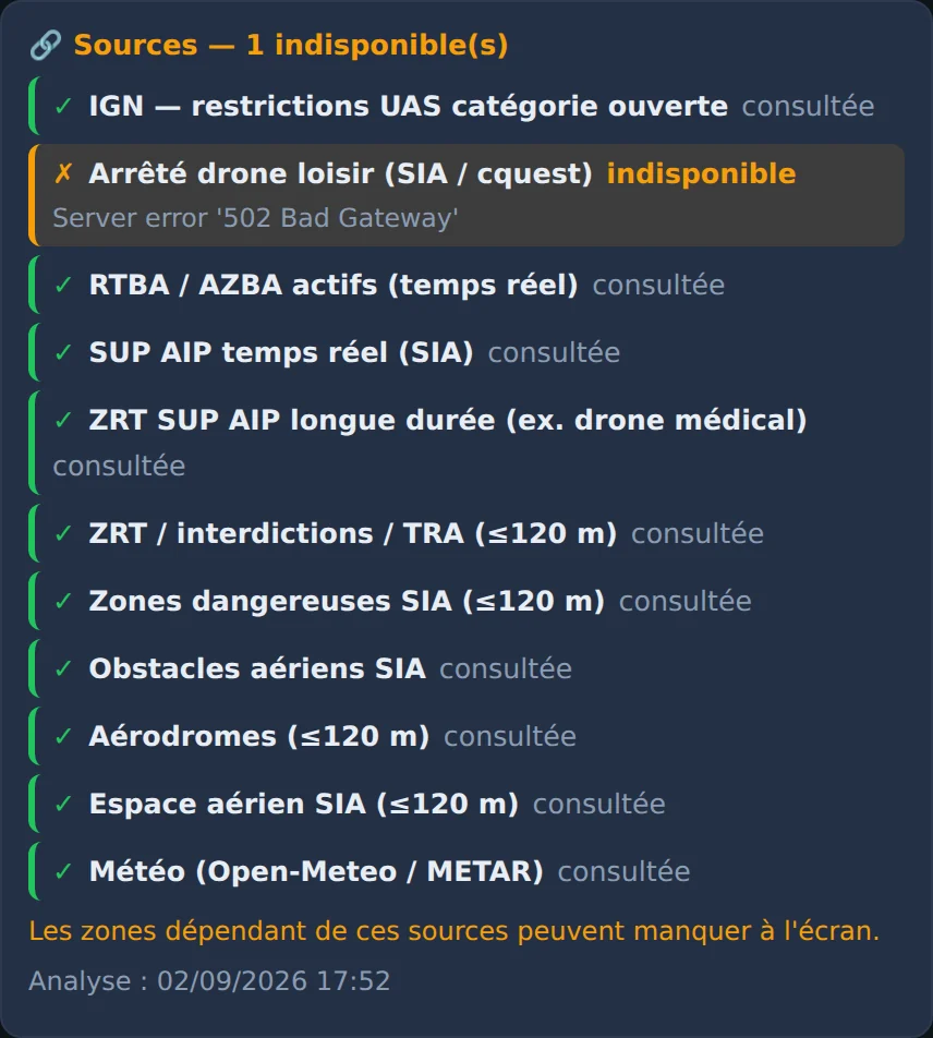 Bloc « Sources » : onze sources consultées, une indisponible avec le détail de l'erreur, et l'avertissement que des zones peuvent manquer à l'écran.