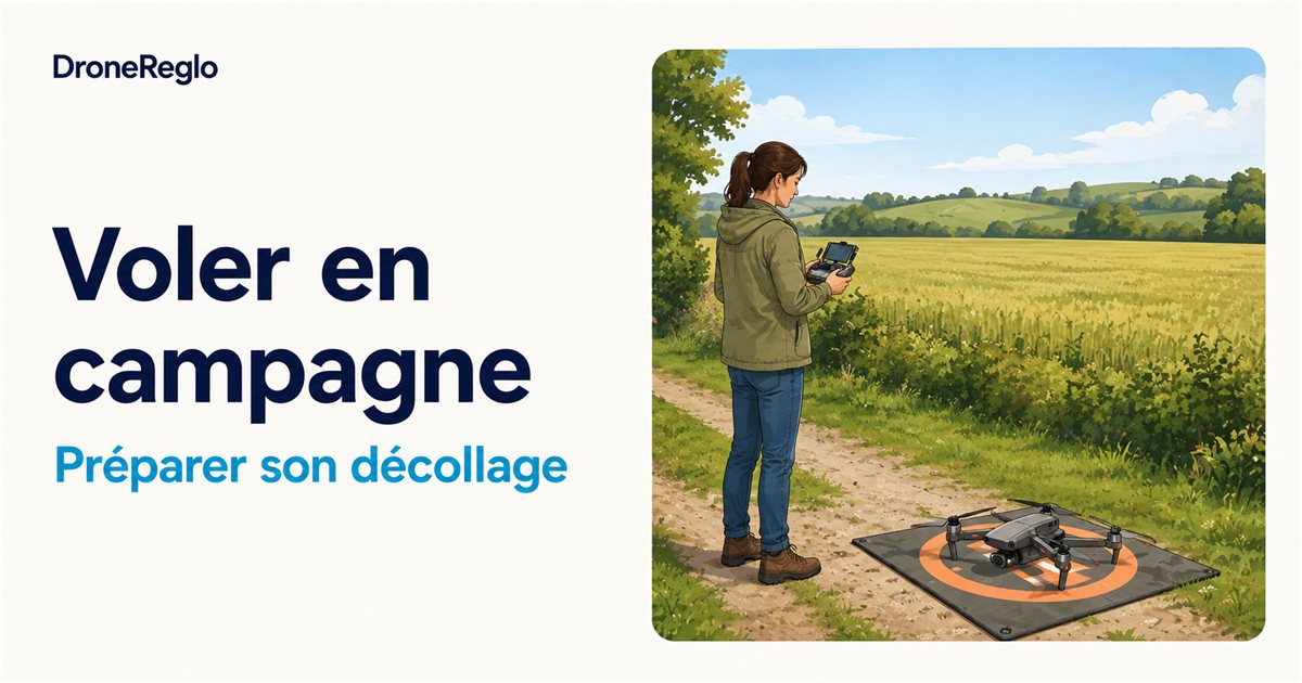 Un drone préparé au sol dans un paysage de campagne.