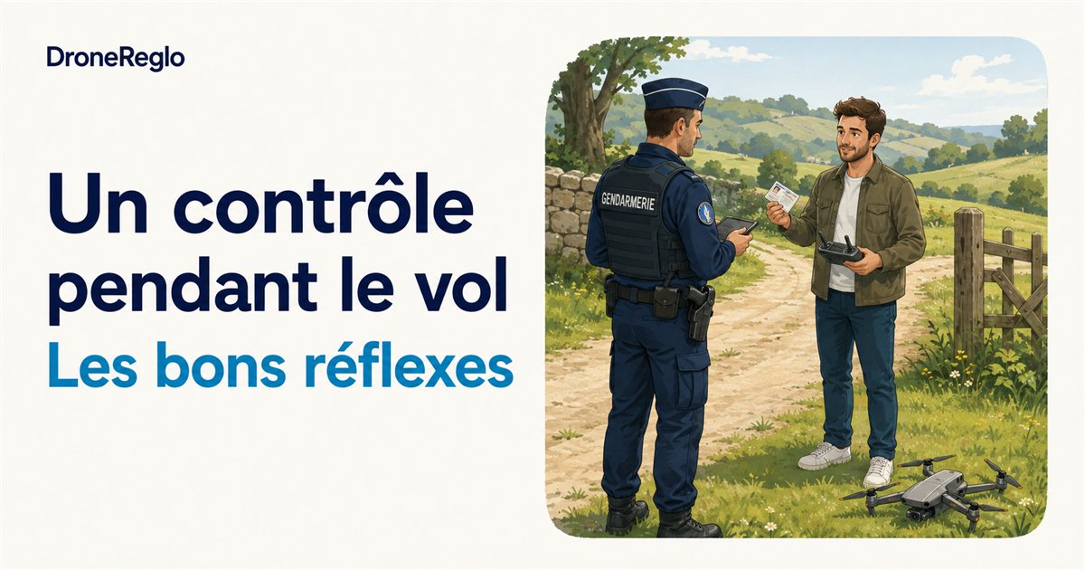 Un télépilote présente ses documents à un gendarme, son drone posé au sol.