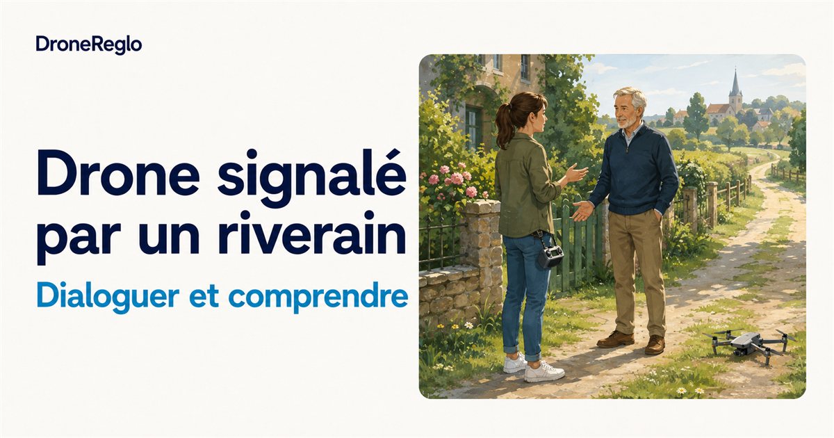 Une télépilote échange calmement avec un riverain, son drone posé au sol.