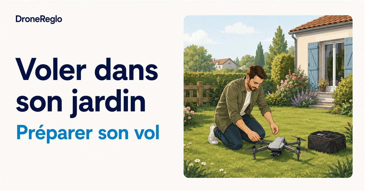 Un télépilote prépare un drone posé dans son jardin avant le décollage.