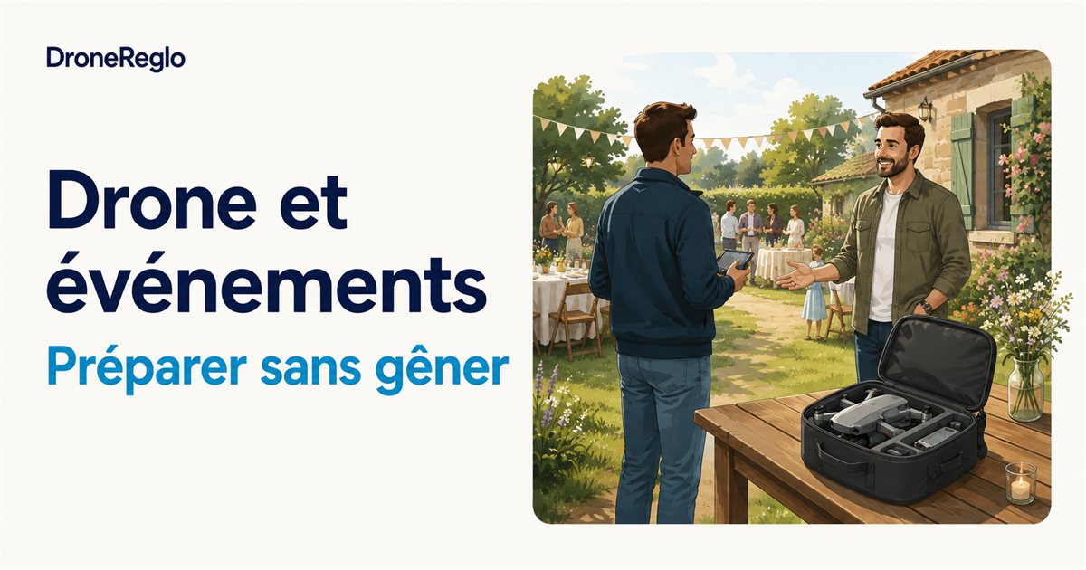 Un télépilote échange avec un organisateur de fête, le drone rangé dans sa mallette.