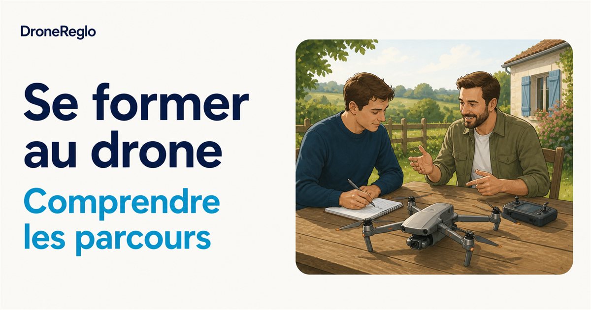 Un élève et son formateur étudient le pilotage, drone posé sur la table.