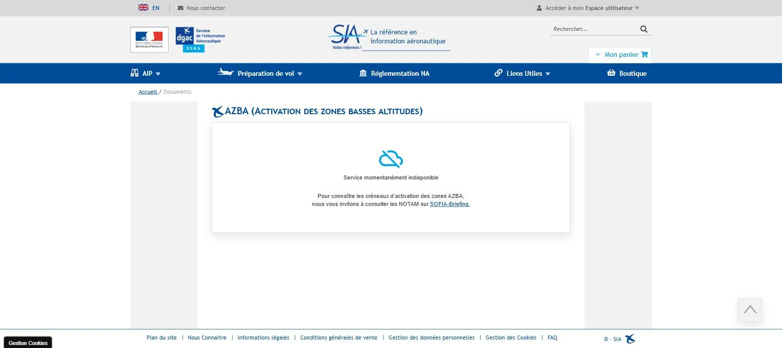 Page AZBA du SIA affichant « Service momentanément indisponible » et renvoyant vers les NOTAM de SOFIA-Briefing.