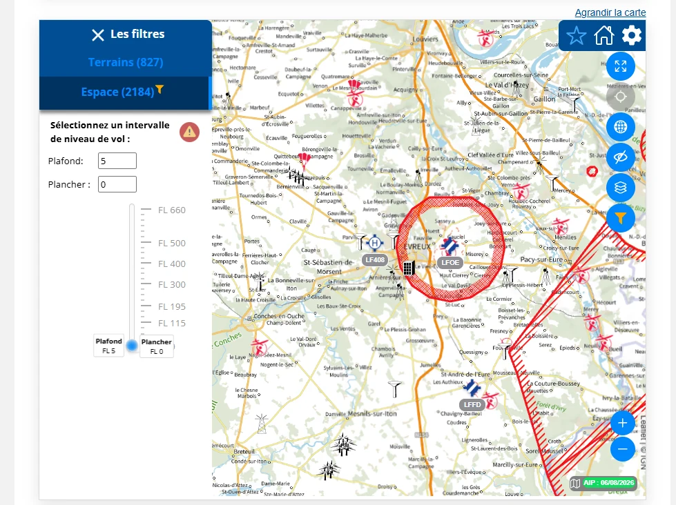 Panneau de filtres de la carte du SIA : intervalle de niveau de vol, plafond FL 5 et plancher FL 0, avec un curseur gradué jusqu’à FL 660.