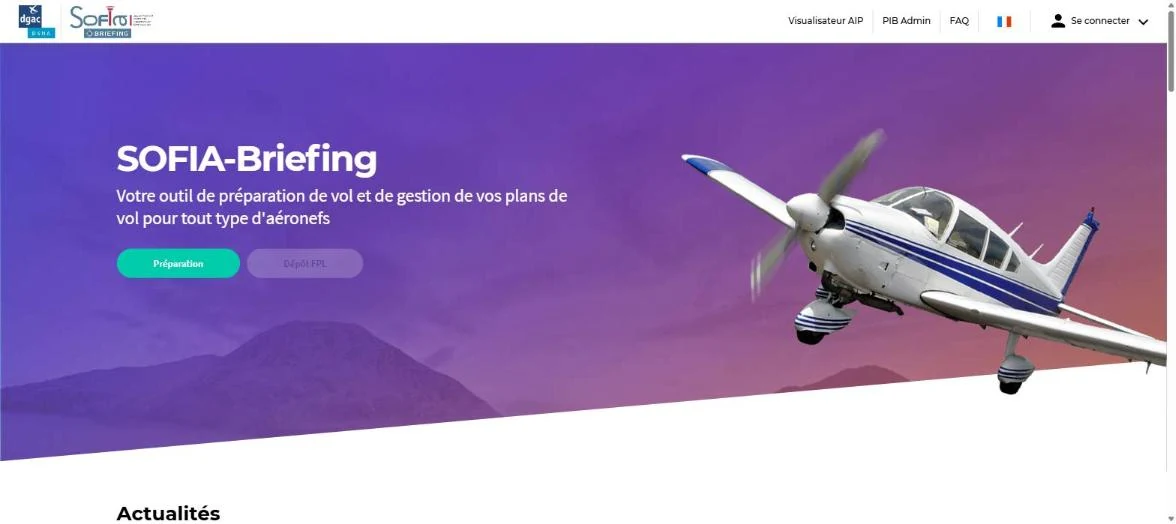 Page d’accueil de SOFIA-Briefing, l’outil de préparation de vol de la DGAC, avec le bouton de connexion.