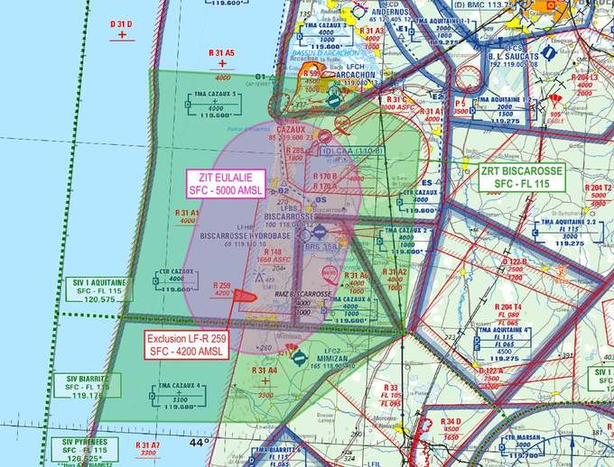 Carte OACI : zone interdite ZIT EULALIE et zone réglementée ZRT BISCARROSSE dans les Landes