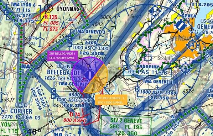 Carte OACI : zones réglementées ZRT BELLEGARDE 1 et 2 autour de l’aérodrome de Bellegarde-Vouvray