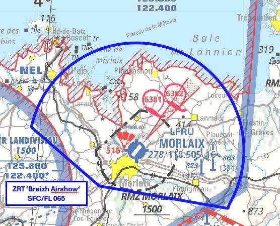 Carte OACI : zone réglementée ZRT BREIZH AIRSHOW autour de l’aérodrome de Morlaix