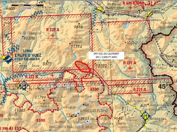 Carte OACI : zone réglementée ZRT COL DU LAUTARET, entre Alpe d’Huez et Briançon