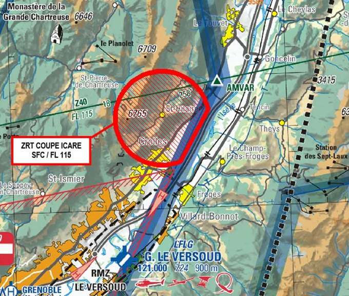 Carte OACI : zone réglementée ZRT COUPE ICARE autour de Saint-Hilaire-du-Touvet et Lumbin, près de Grenoble