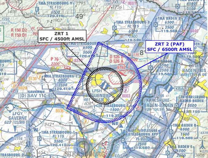Carte OACI : zones réglementées ZRT 1 et ZRT 2 autour de l’aérodrome de Haguenau