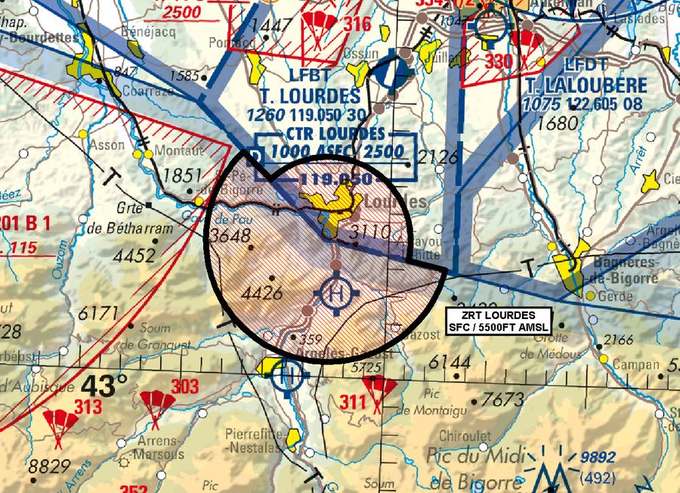 Carte OACI : zone réglementée ZRT LOURDES autour du sanctuaire, activable en octobre 2026