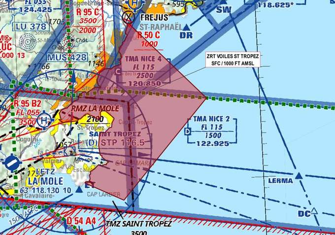 Carte OACI : zone réglementée ZRT VOILES DE ST TROPEZ, en mer dans le golfe de Saint-Tropez